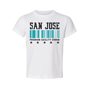 San Jose Barcode Graphic T Shirt With Premium Quality Denim Text And Star Symbols Design