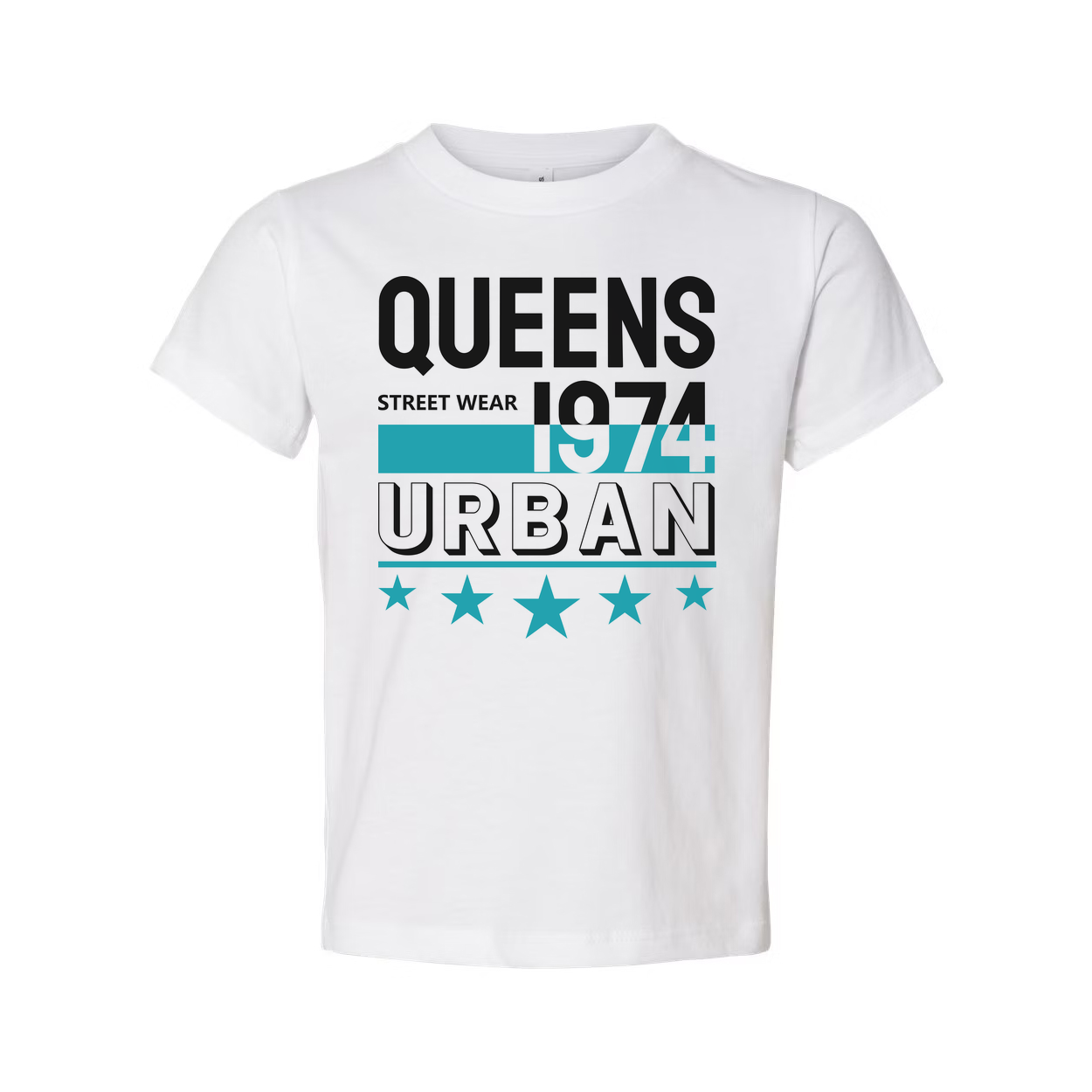 Queens Urban Streetwear Graphic Tee 1974 Unisex Short Sleeve Top With Teal Accent Stars And Bold Lettering