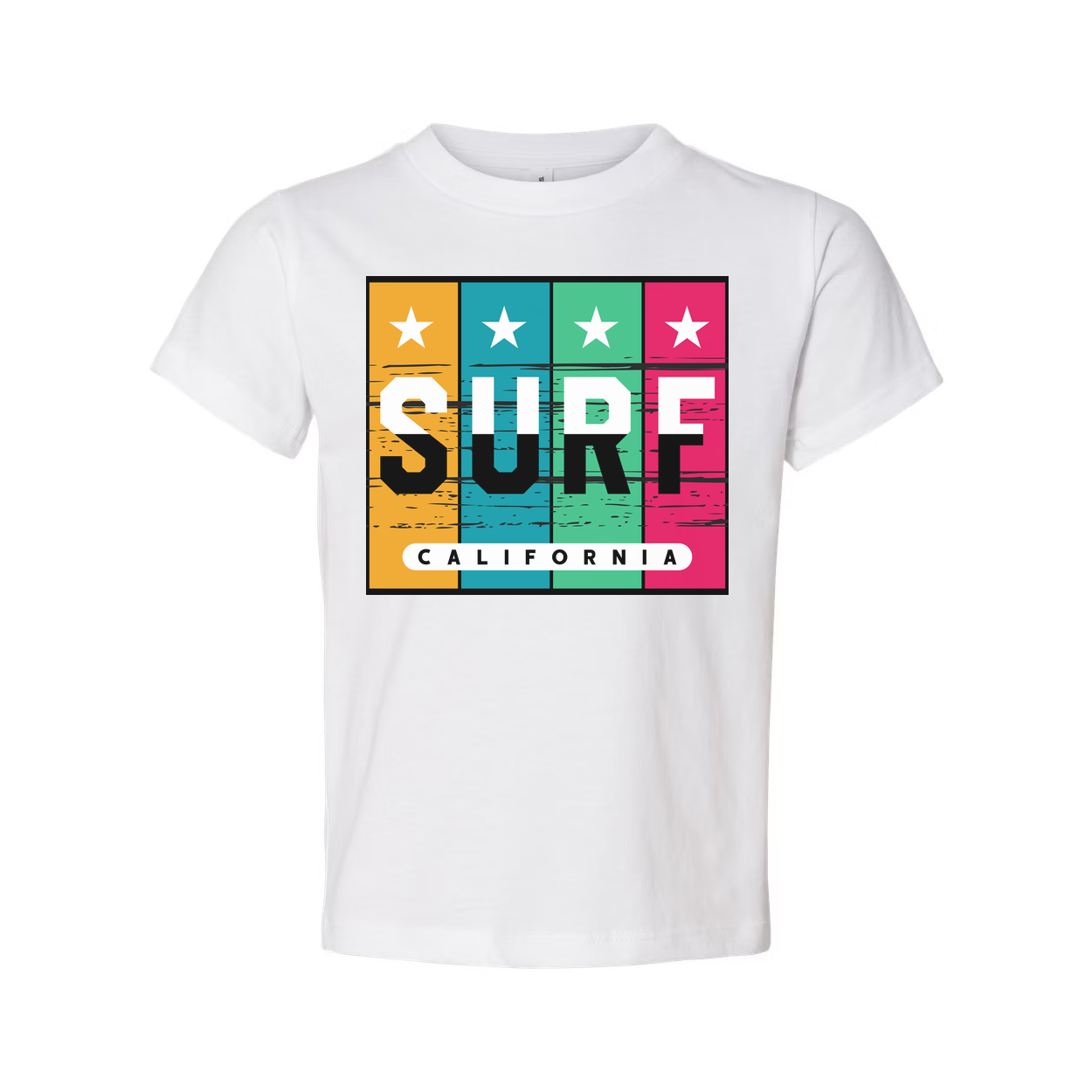 Surf California Multicolor Block Graphic T Shirt With Star Panels For Summer Wear