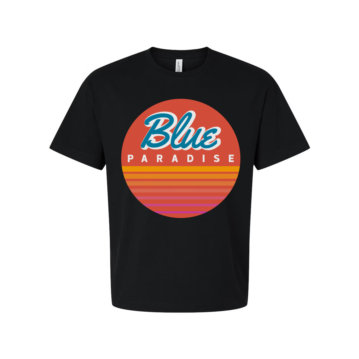 Unisex Short Sleeve Graphic Tee Featuring Blue Paradise Sunset Circle Logo Artwork