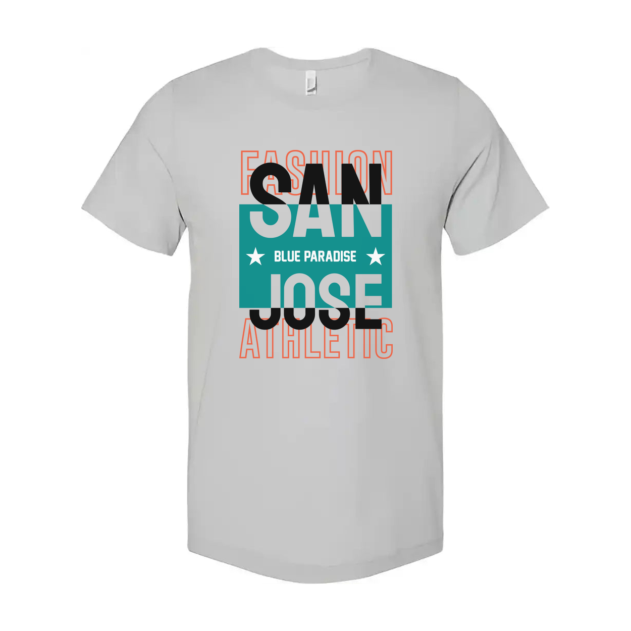 San Jose Athletic Graphic Unisex Tee With Teal Block Design And Blue Paradise Text