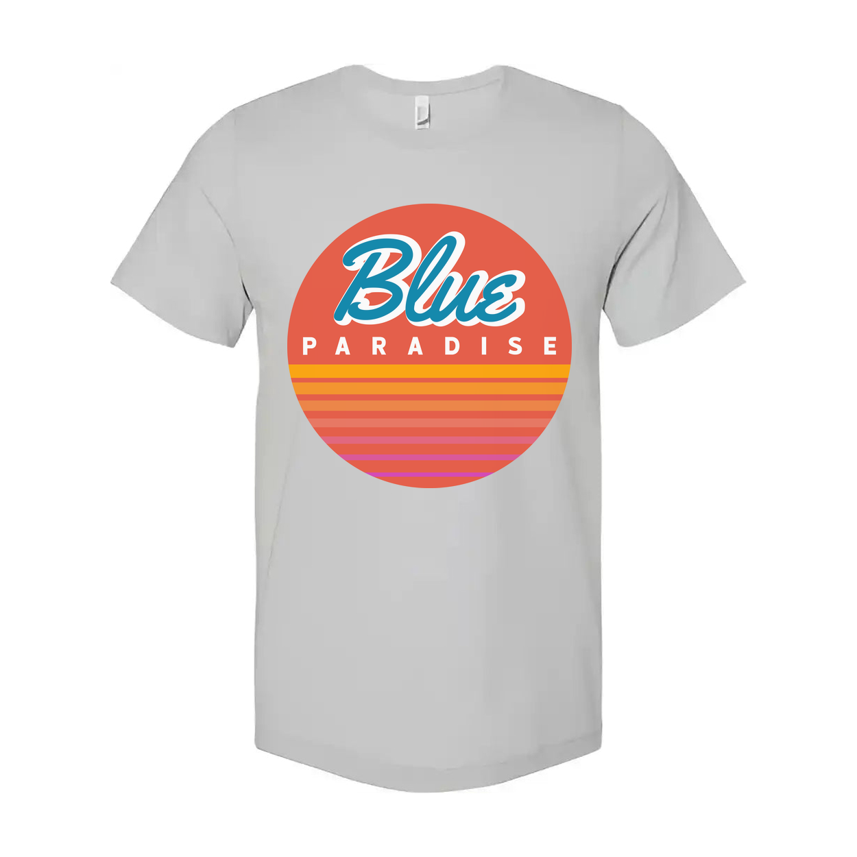 Unisex Short Sleeve Graphic Tee Featuring Blue Paradise Sunset Circle Logo Artwork