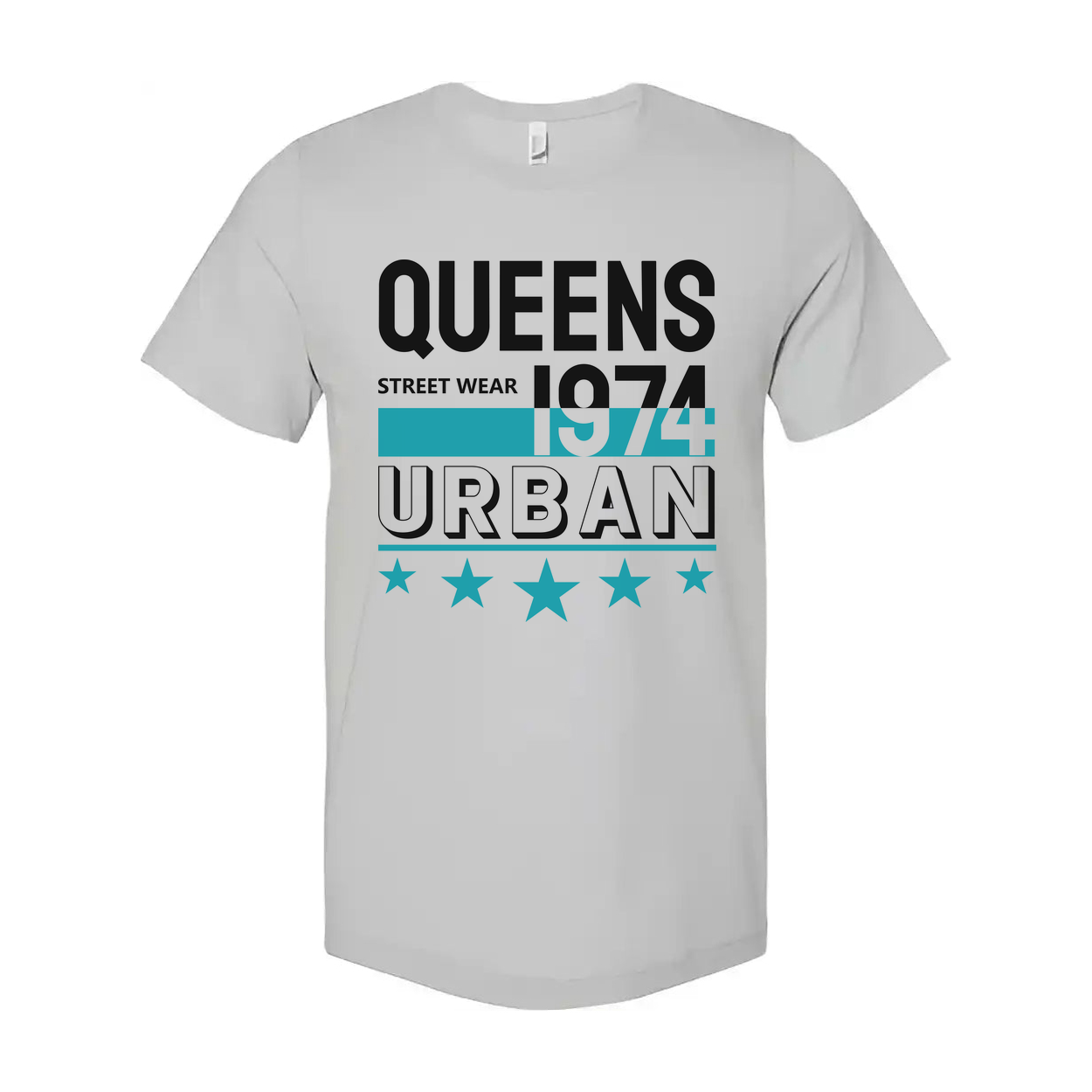 Queens Urban Streetwear Graphic Tee 1974 Unisex Short Sleeve Top With Teal Accent Stars And Bold Lettering
