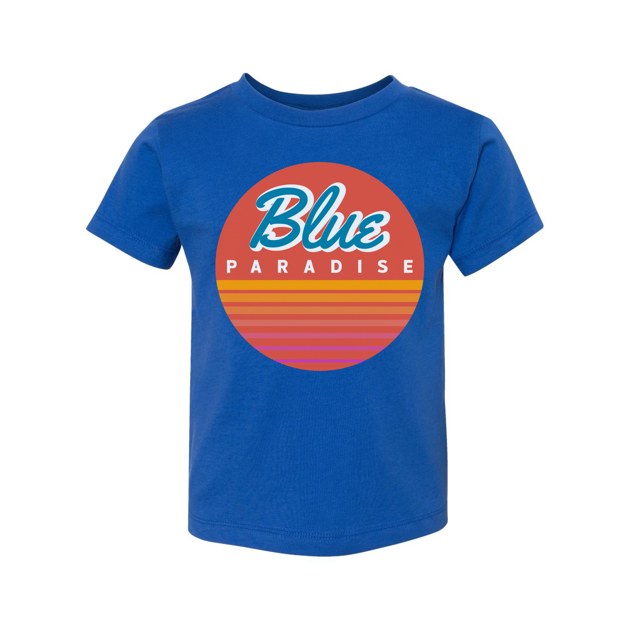 Unisex Short Sleeve Graphic Tee Featuring Blue Paradise Sunset Circle Logo Artwork