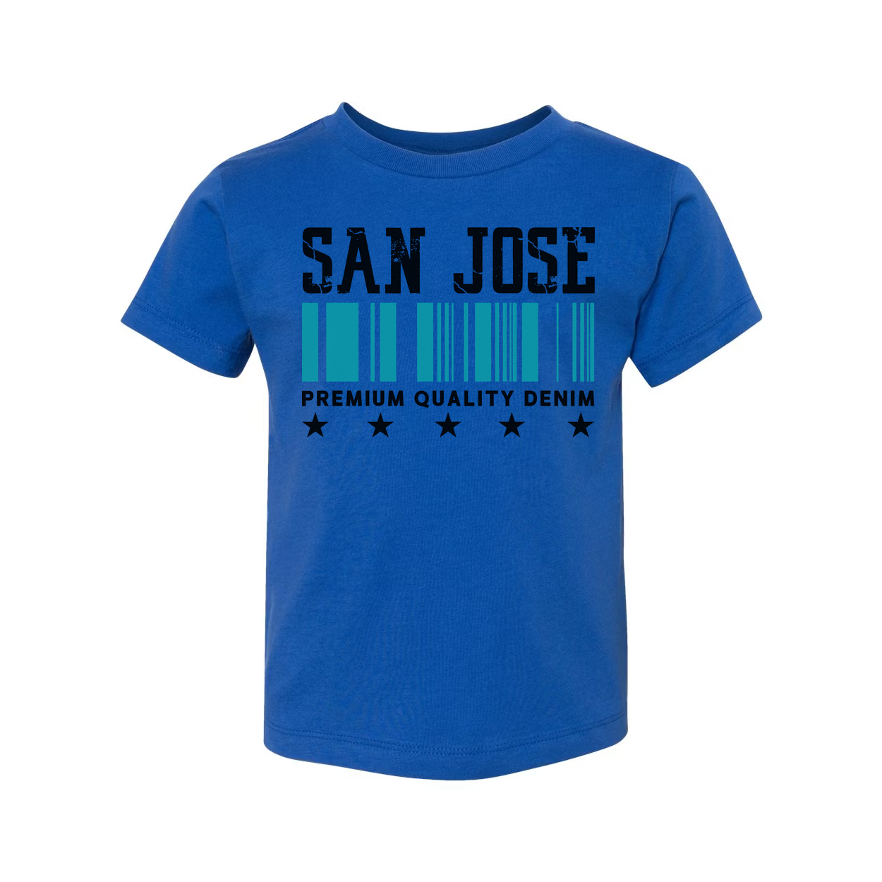 San Jose Barcode Graphic T Shirt With Premium Quality Denim Text And Star Symbols Design