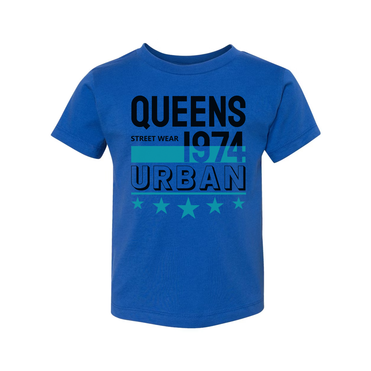Queens Urban Streetwear Graphic Tee 1974 Unisex Short Sleeve Top With Teal Accent Stars And Bold Lettering