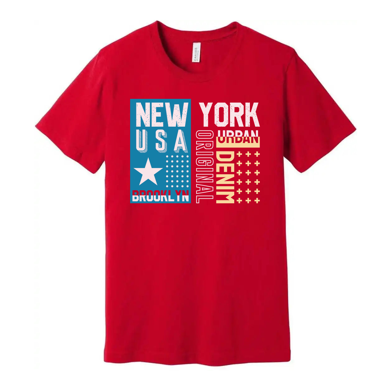 Urban Graphic T Shirt With New York USA Brooklyn City Emblem In Blue And Yellow Print