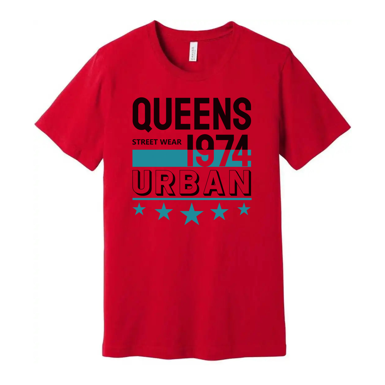 Queens Urban Streetwear Graphic Tee 1974 Unisex Short Sleeve Top With Teal Accent Stars And Bold Lettering