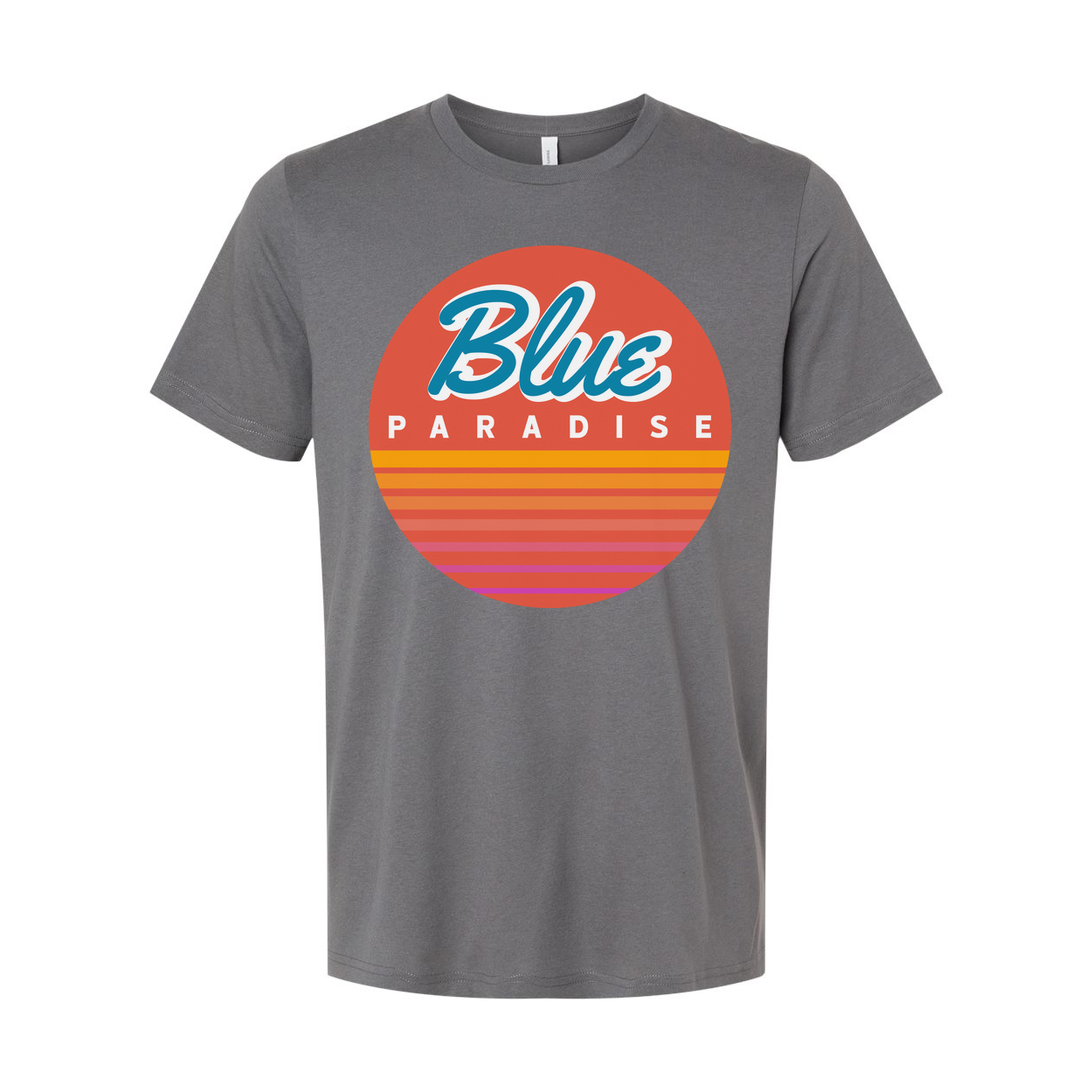 Unisex Short Sleeve Graphic Tee Featuring Blue Paradise Sunset Circle Logo Artwork