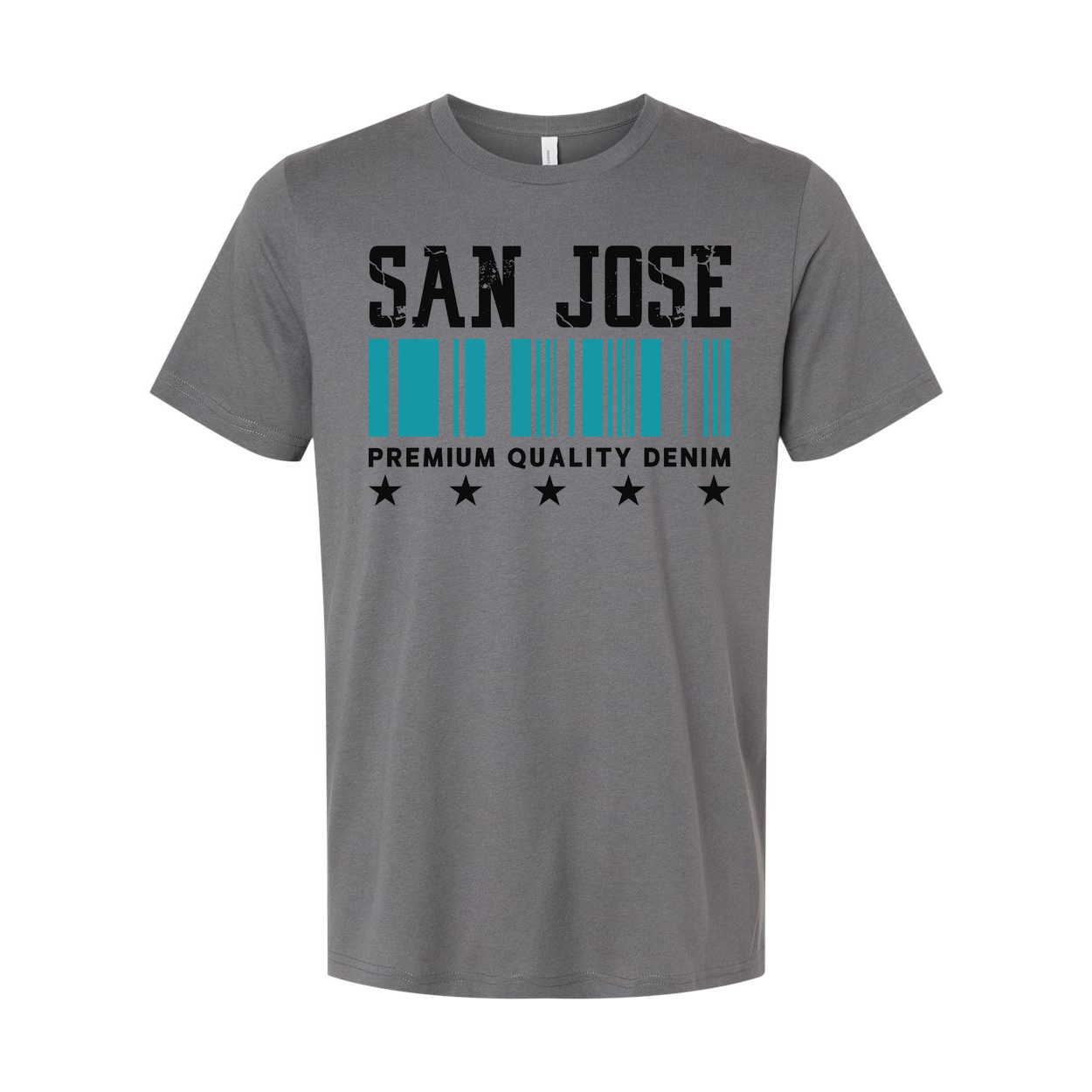 San Jose Barcode Graphic T Shirt With Premium Quality Denim Text And Star Symbols Design