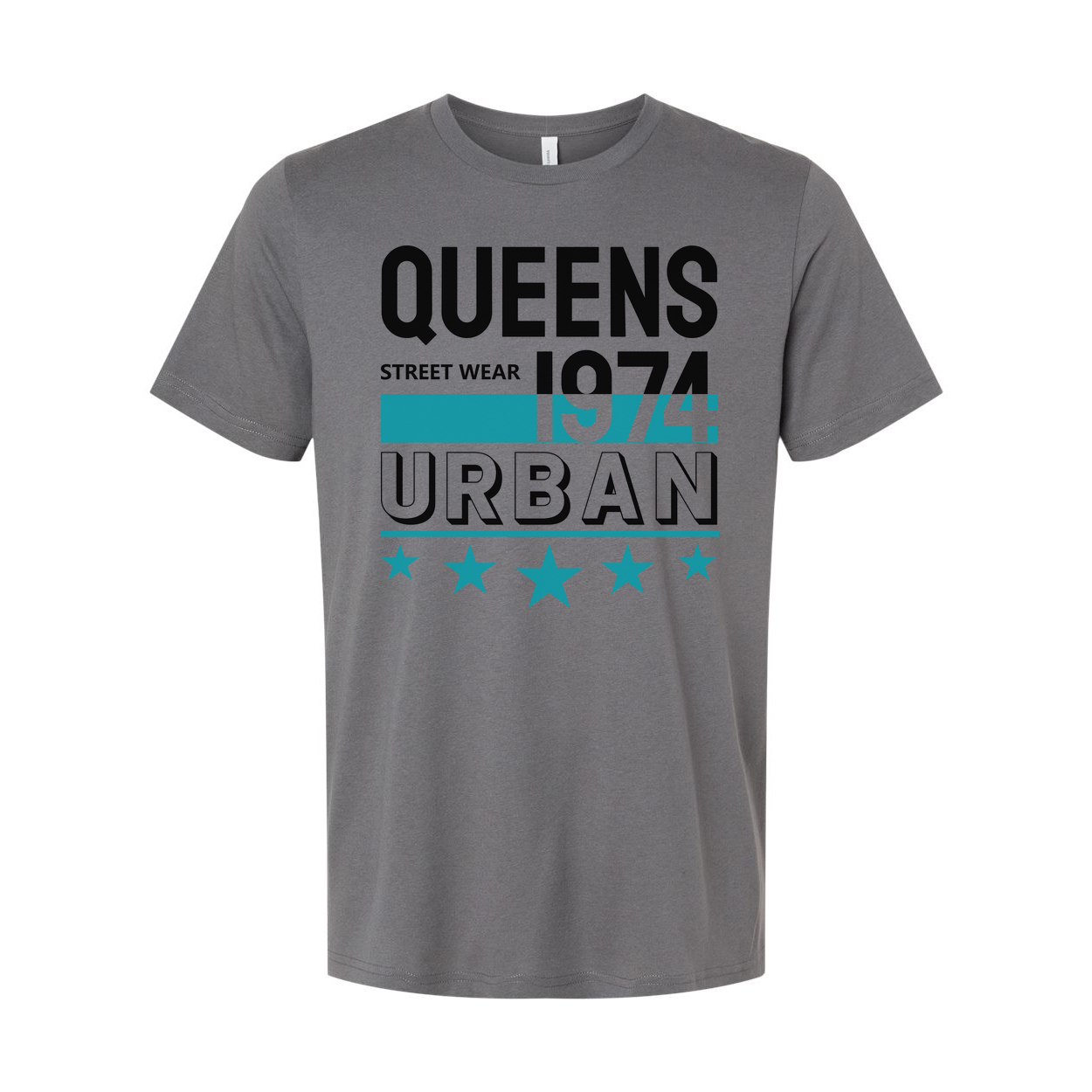 Queens Urban Streetwear Graphic Tee 1974 Unisex Short Sleeve Top With Teal Accent Stars And Bold Lettering