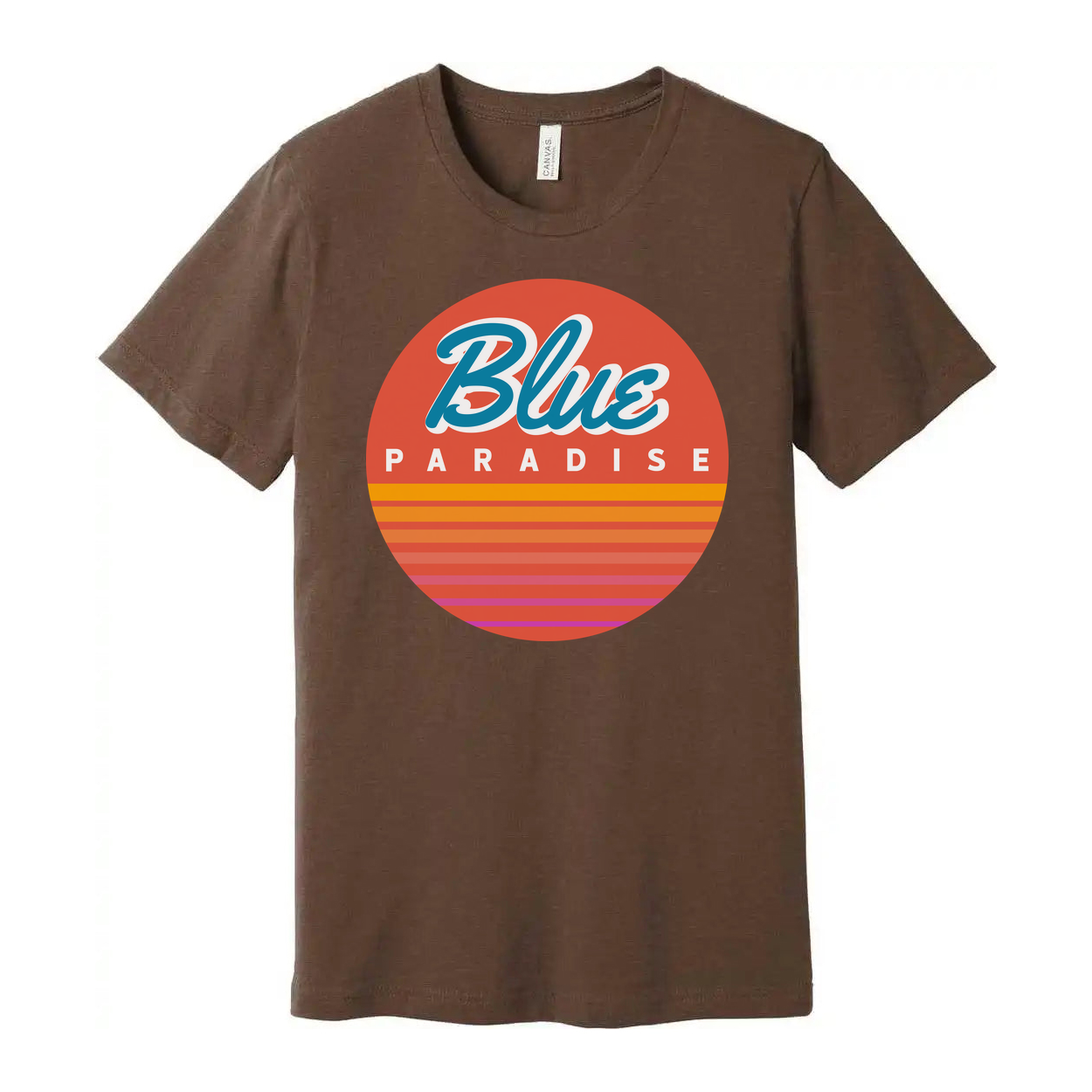 Unisex Short Sleeve Graphic Tee Featuring Blue Paradise Sunset Circle Logo Artwork