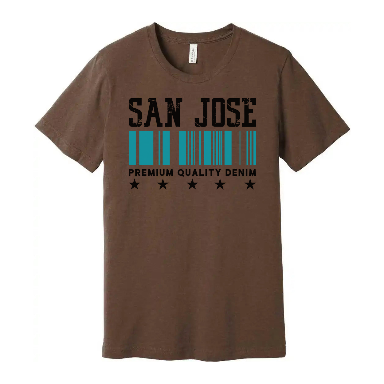 San Jose Barcode Graphic T Shirt With Premium Quality Denim Text And Star Symbols Design