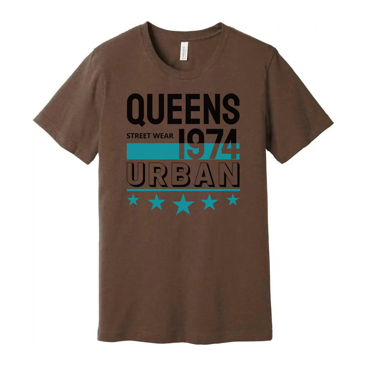Queens Urban Streetwear Graphic Tee 1974 Unisex Short Sleeve Top With Teal Accent Stars And Bold Lettering
