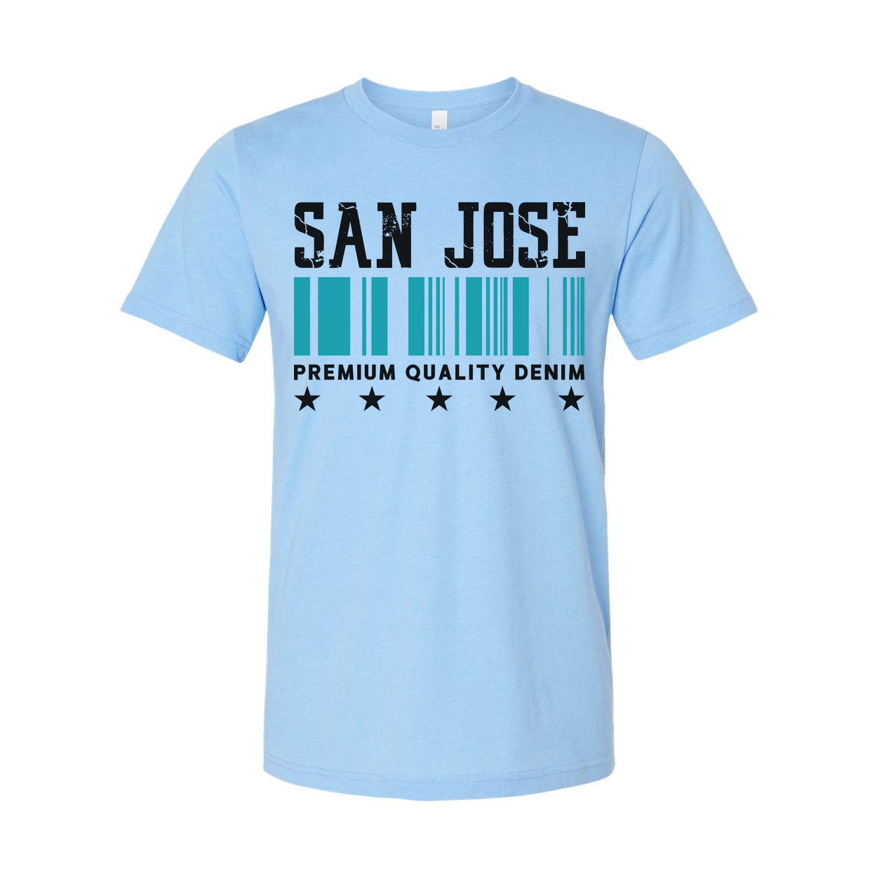 San Jose Barcode Graphic T Shirt With Premium Quality Denim Text And Star Symbols Design
