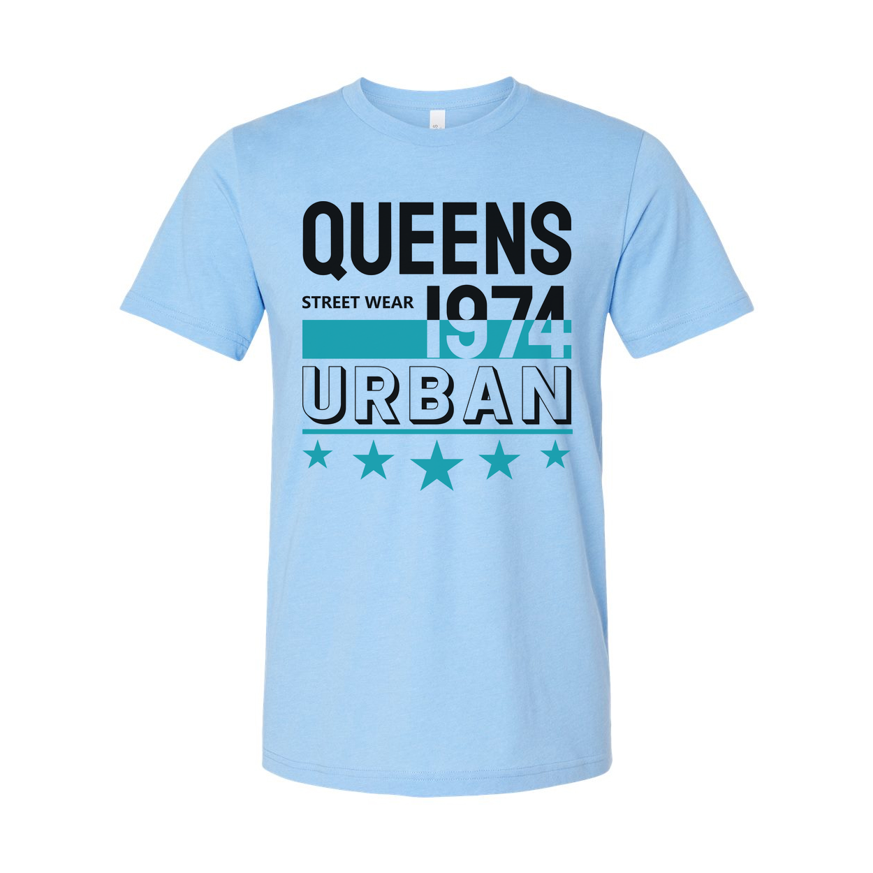 Queens Urban Streetwear Graphic Tee 1974 Unisex Short Sleeve Top With Teal Accent Stars And Bold Lettering