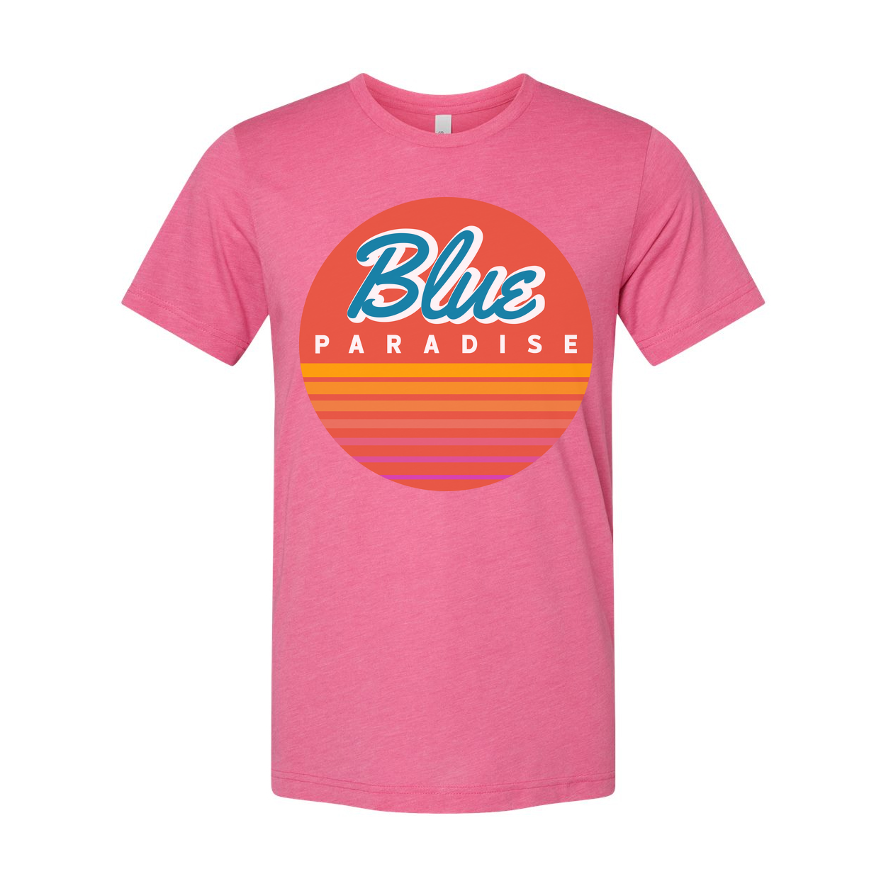 Unisex Short Sleeve Graphic Tee Featuring Blue Paradise Sunset Circle Logo Artwork