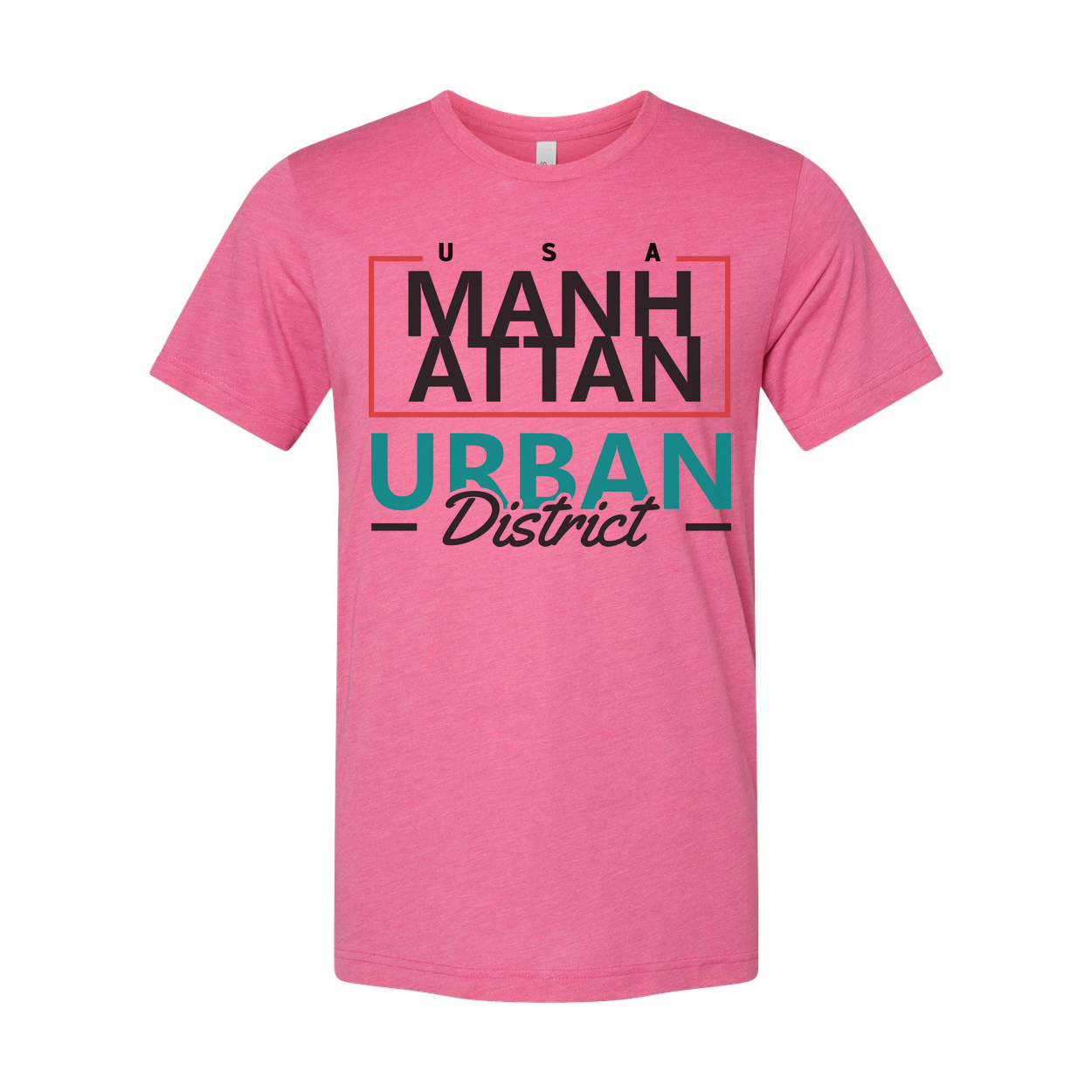 Manhattan Urban District Graphic Unisex T Shirt With Red Frame And Teal Urban Text