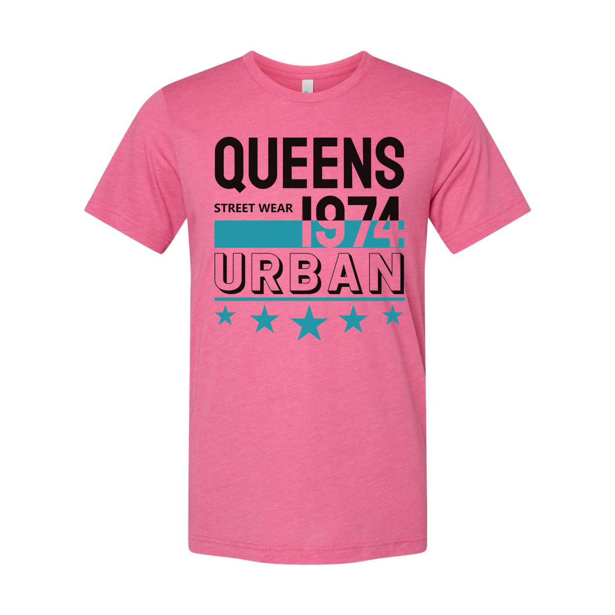 Queens Urban Streetwear Graphic Tee 1974 Unisex Short Sleeve Top With Teal Accent Stars And Bold Lettering