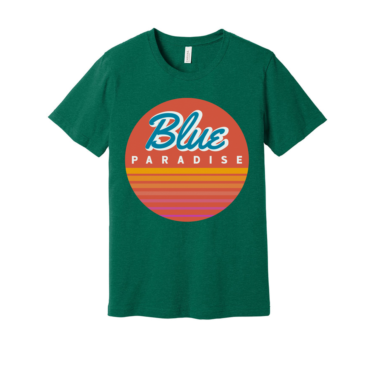 Unisex Short Sleeve Graphic Tee Featuring Blue Paradise Sunset Circle Logo Artwork