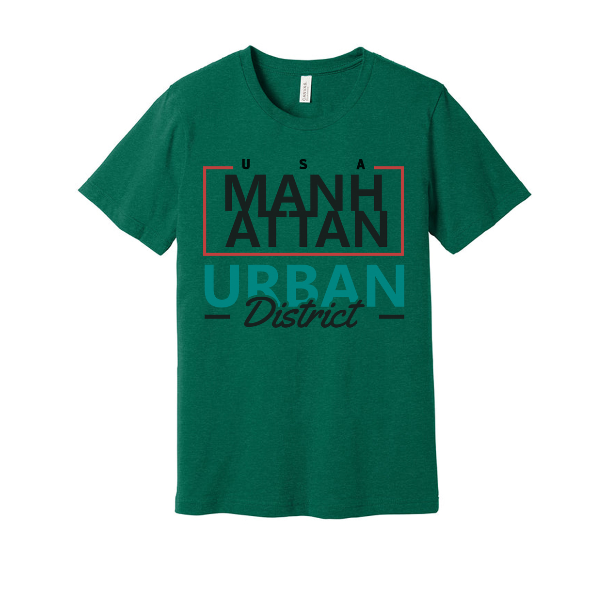 Manhattan Urban District Graphic Unisex T Shirt With Red Frame And Teal Urban Text