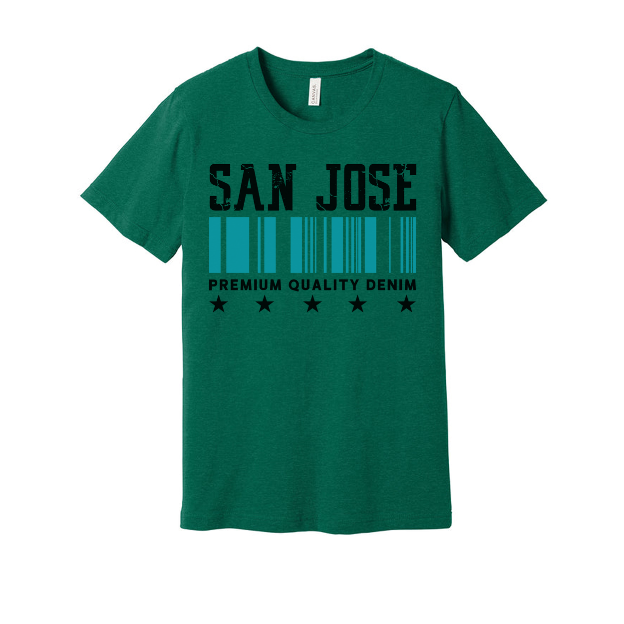 San Jose Barcode Graphic T Shirt With Premium Quality Denim Text And Star Symbols Design