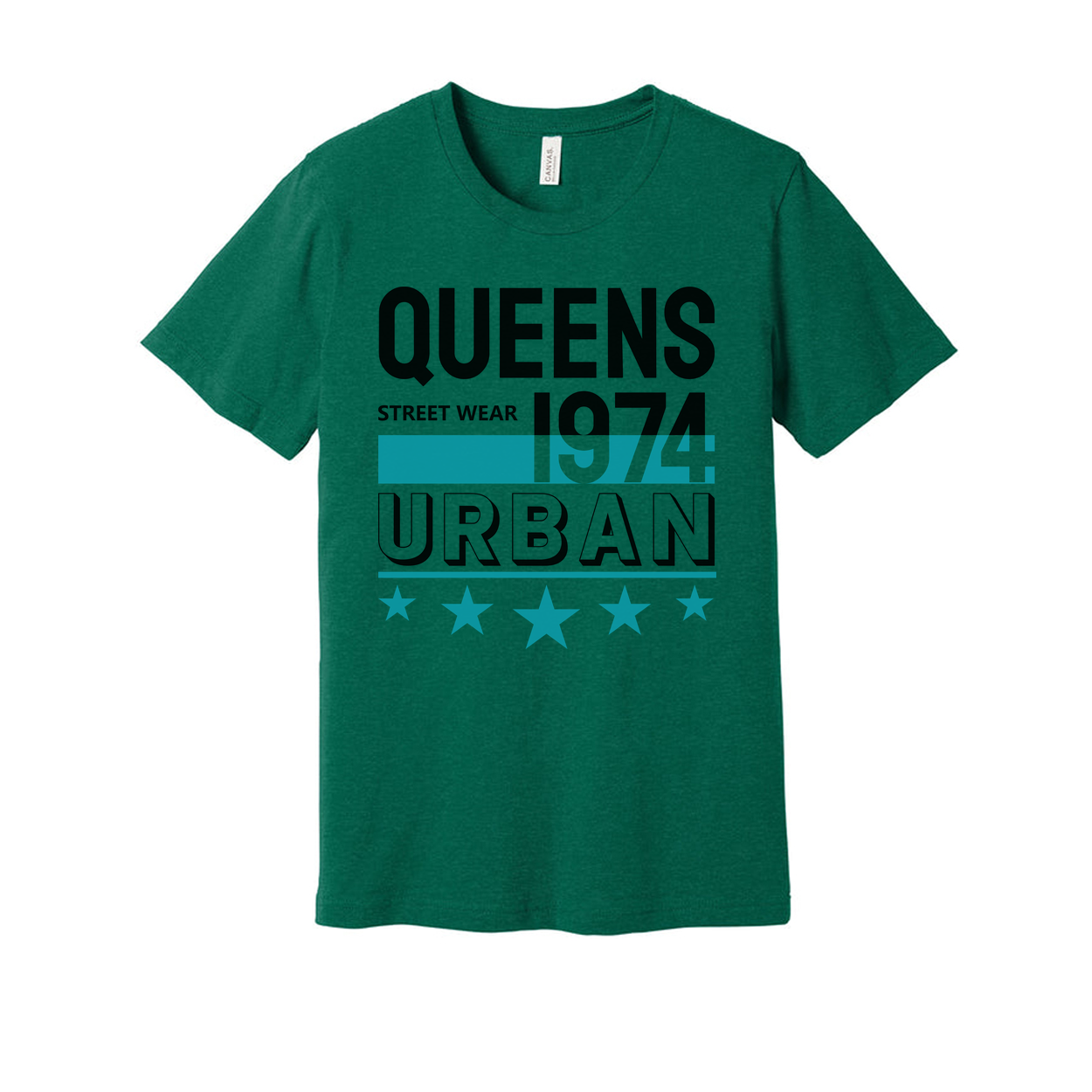 Queens Urban Streetwear Graphic Tee 1974 Unisex Short Sleeve Top With Teal Accent Stars And Bold Lettering