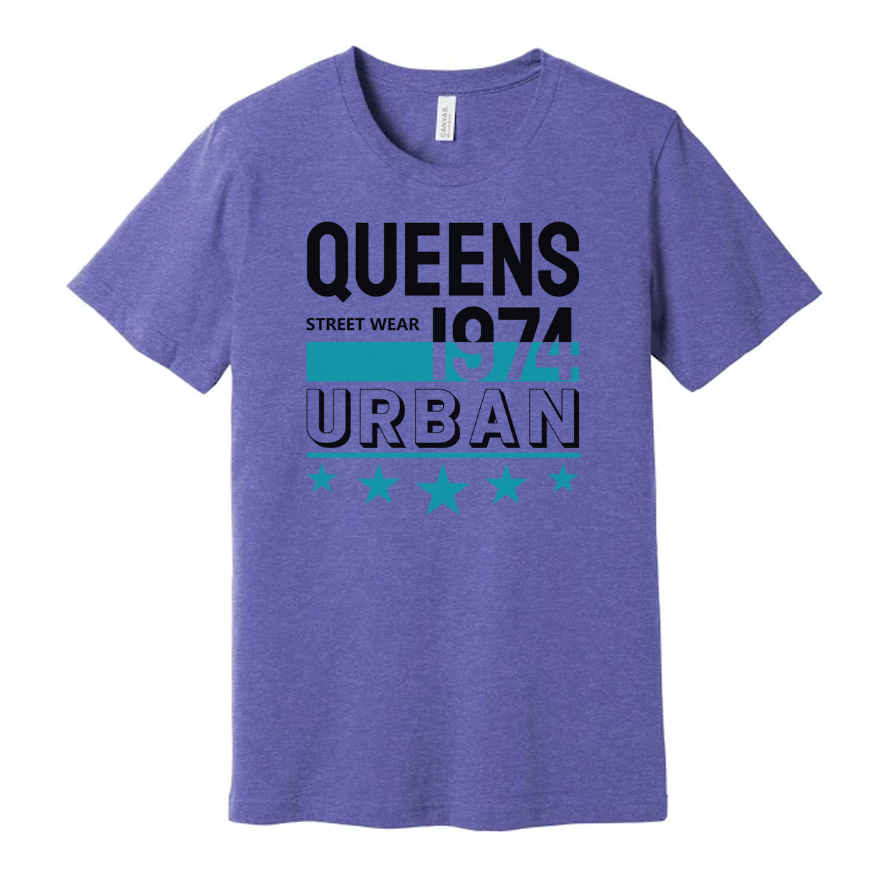 Queens Urban Streetwear Graphic Tee 1974 Unisex Short Sleeve Top With Teal Accent Stars And Bold Lettering