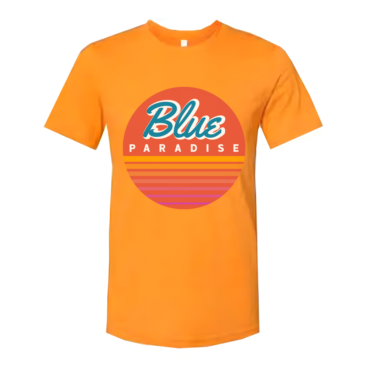 Unisex Short Sleeve Graphic Tee Featuring Blue Paradise Sunset Circle Logo Artwork