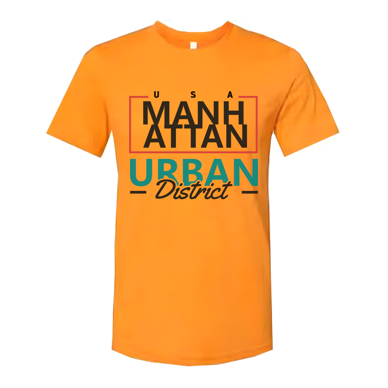 Manhattan Urban District Graphic Unisex T Shirt With Red Frame And Teal Urban Text