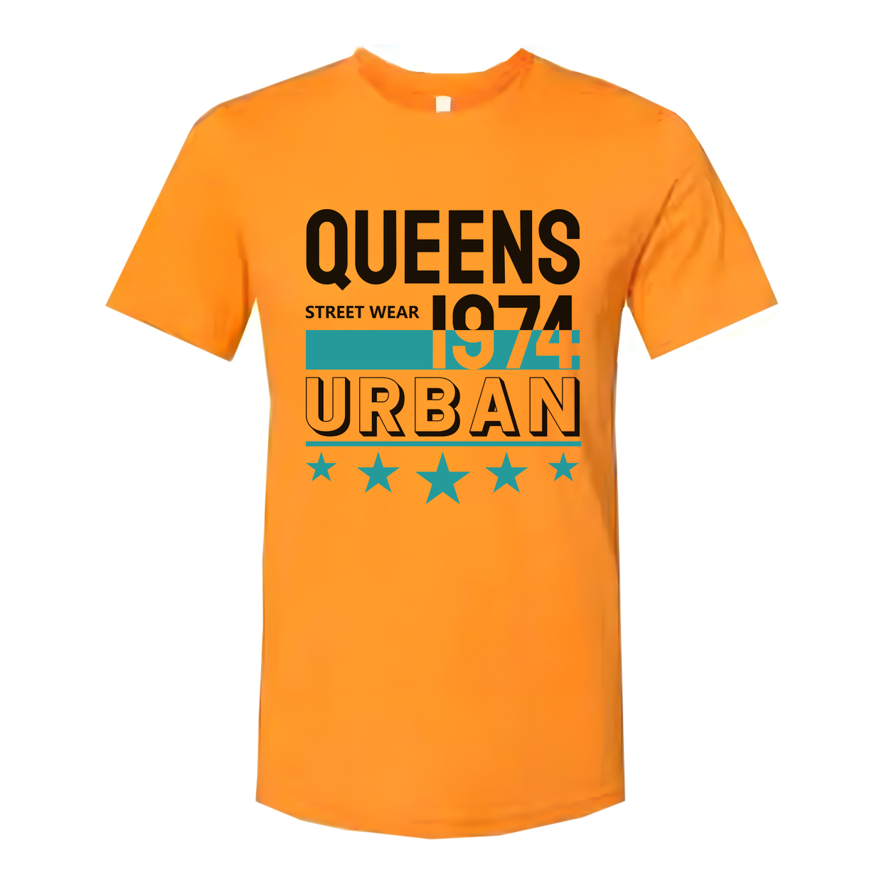 Queens Urban Streetwear Graphic Tee 1974 Unisex Short Sleeve Top With Teal Accent Stars And Bold Lettering