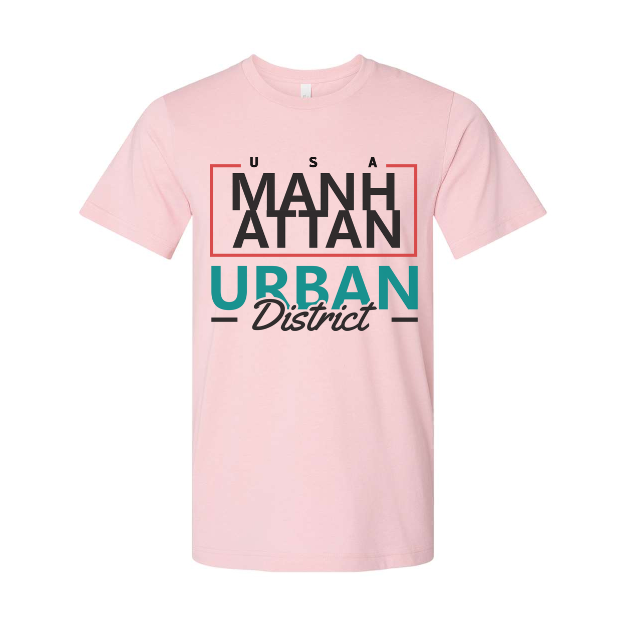 Manhattan Urban District Graphic Unisex T Shirt With Red Frame And Teal Urban Text