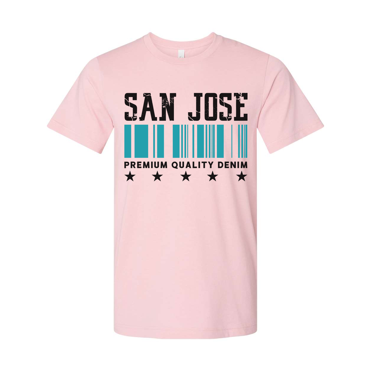 San Jose Barcode Graphic T Shirt With Premium Quality Denim Text And Star Symbols Design