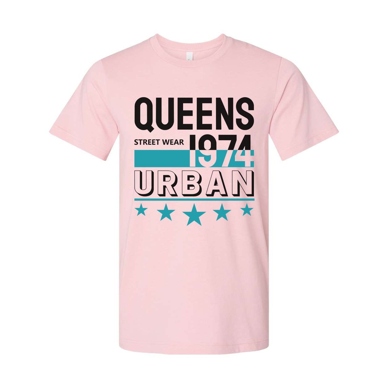 Queens Urban Streetwear Graphic Tee 1974 Unisex Short Sleeve Top With Teal Accent Stars And Bold Lettering
