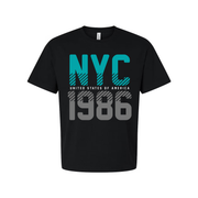 Unisex NYC 1986 Graphic T-Shirt With Turquoise Accents And Bold Gray Typography