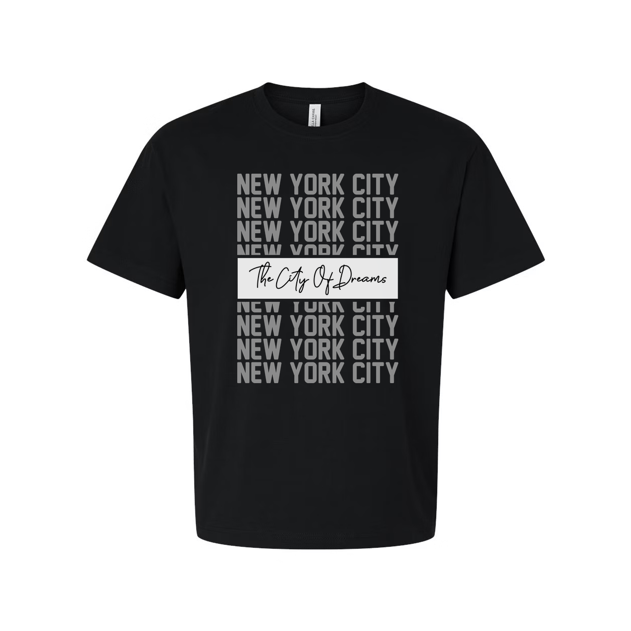 New York City Graphic Tee With Repeated NYC Text And The City Of Dreams Center Banner For Urban Unisex Style