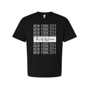 New York City Graphic Tee With Repeated NYC Text And The City Of Dreams Center Banner For Urban Unisex Style