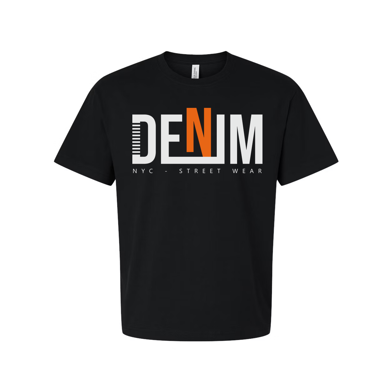 Denim Graphic T Shirt With Bold Orange N Logo NYC Streetwear Unisex Tee For Everyday Wear
