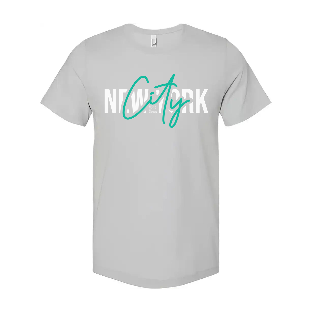 New York City Graphic Tee With Teal Script City Overlay For Modern Urban Style Edition