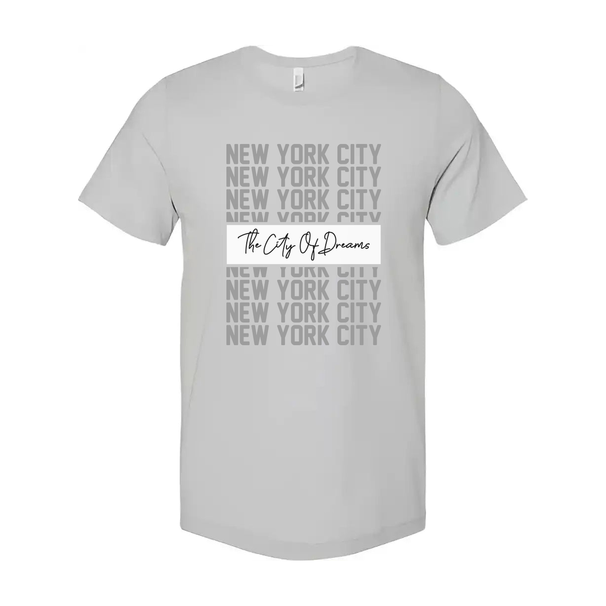 New York City Graphic Tee With Repeated NYC Text And The City Of Dreams Center Banner For Urban Unisex Style