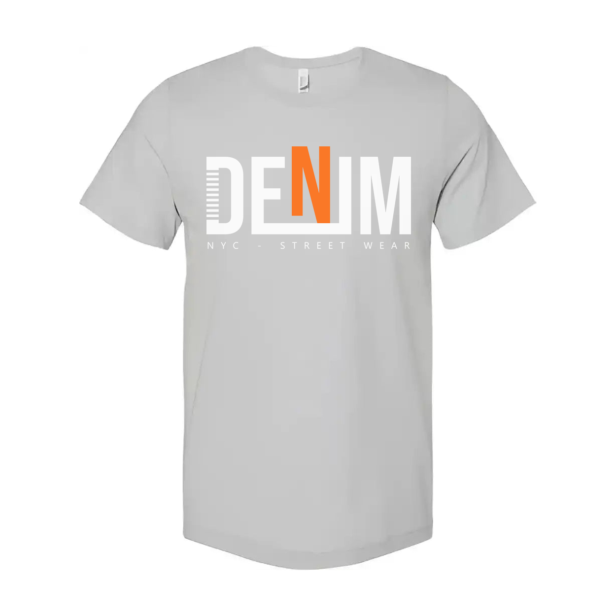 Denim Graphic T Shirt With Bold Orange N Logo NYC Streetwear Unisex Tee For Everyday Wear