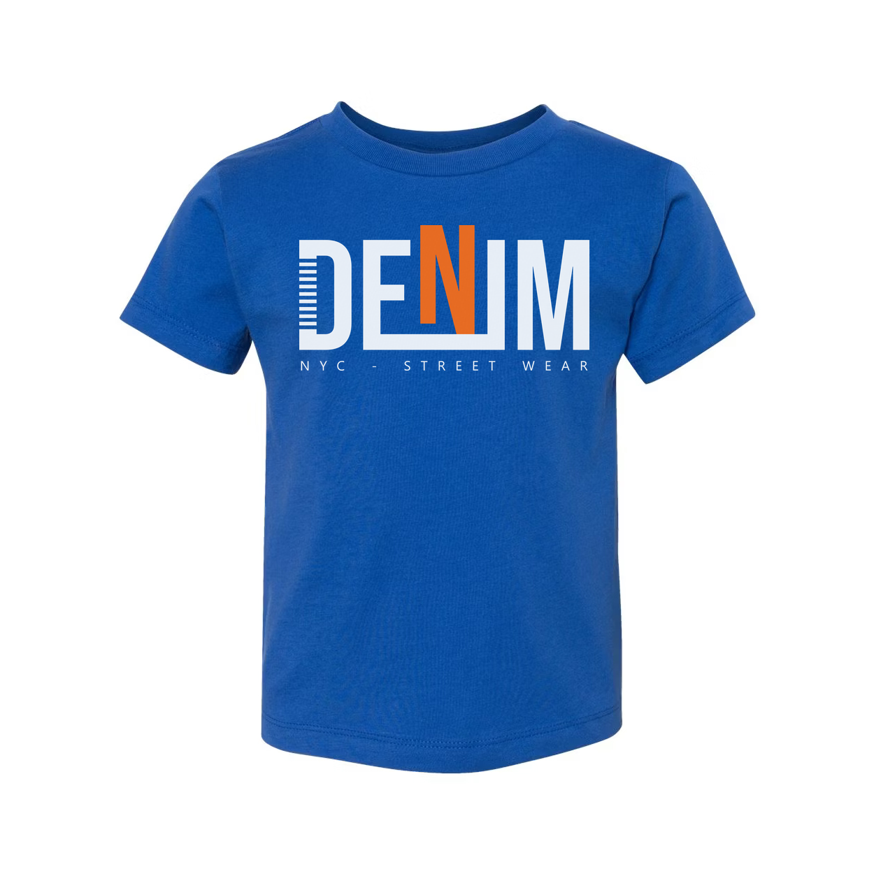Denim Graphic T Shirt With Bold Orange N Logo NYC Streetwear Unisex Tee For Everyday Wear