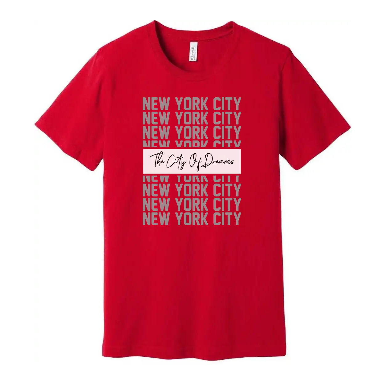 New York City Graphic Tee With Repeated NYC Text And The City Of Dreams Center Banner For Urban Unisex Style