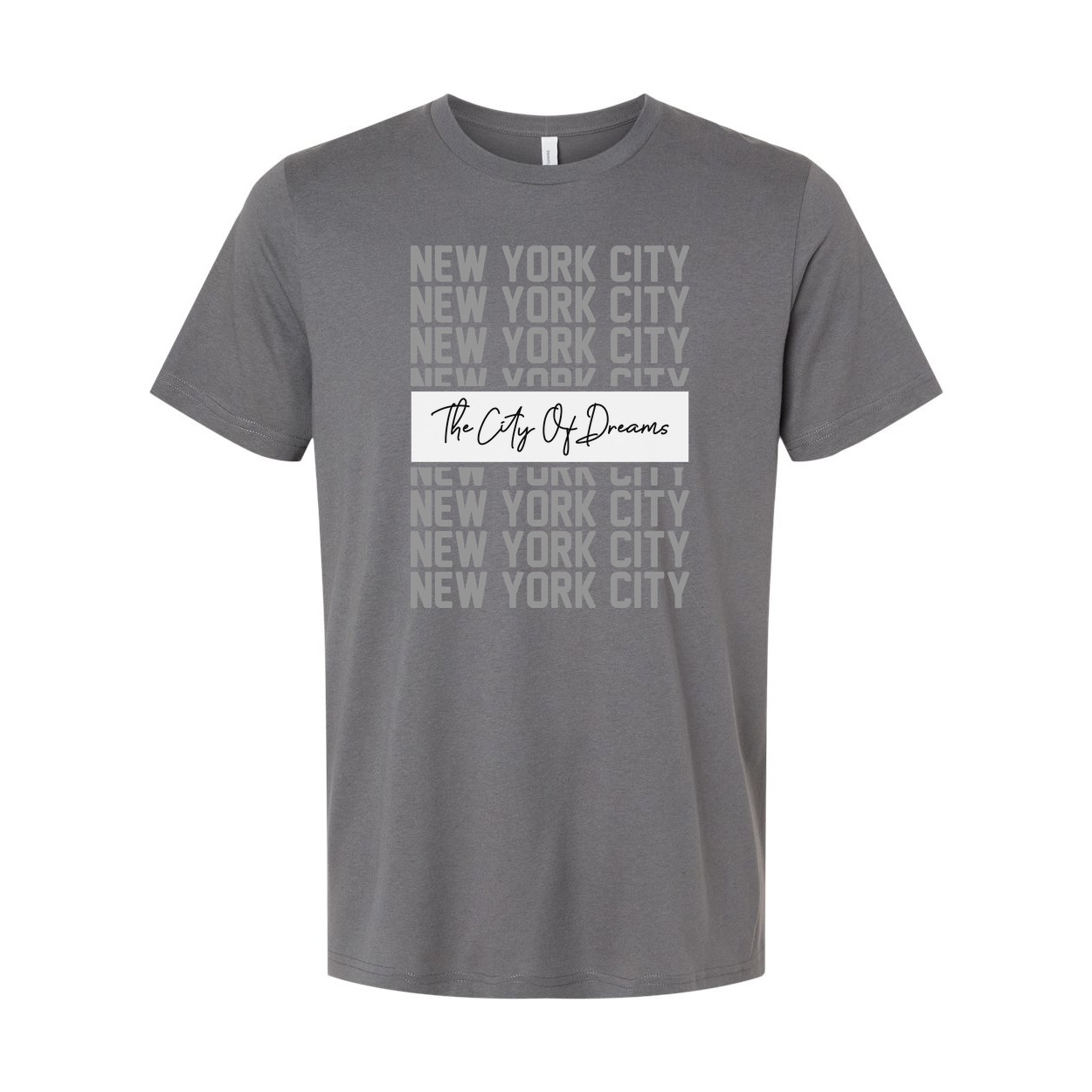 New York City Graphic Tee With Repeated NYC Text And The City Of Dreams Center Banner For Urban Unisex Style