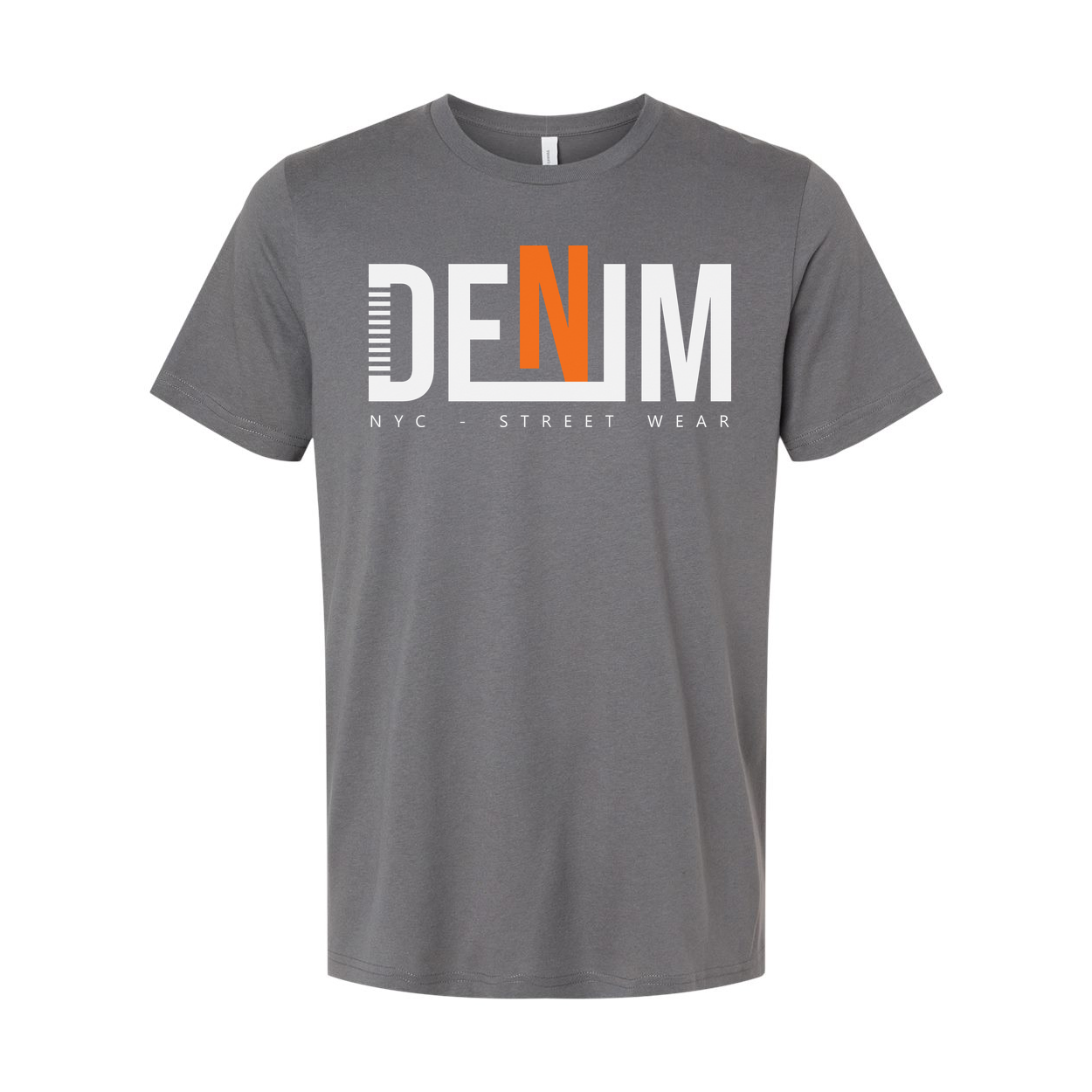 Denim Graphic T Shirt With Bold Orange N Logo NYC Streetwear Unisex Tee For Everyday Wear