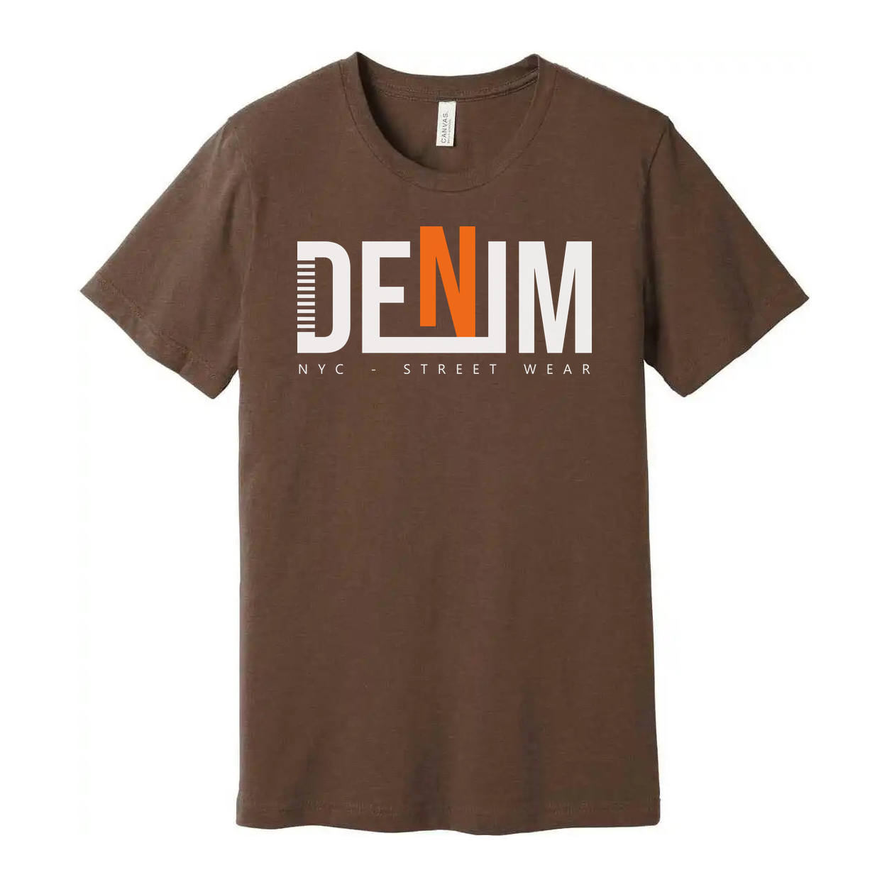 Denim Graphic T Shirt With Bold Orange N Logo NYC Streetwear Unisex Tee For Everyday Wear