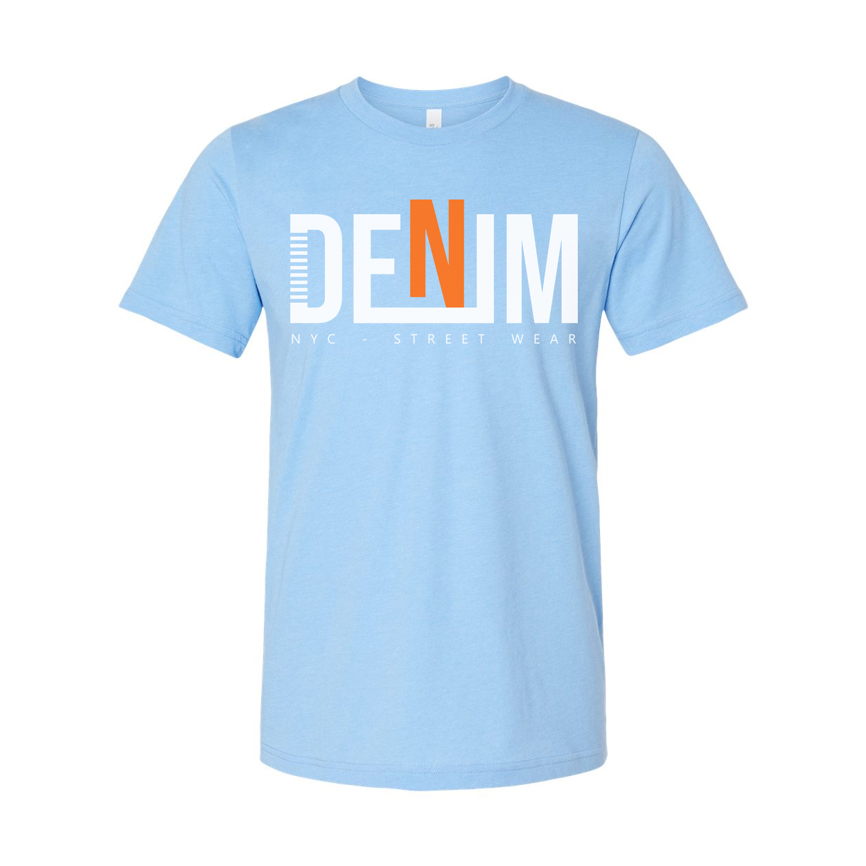Denim Graphic T Shirt With Bold Orange N Logo NYC Streetwear Unisex Tee For Everyday Wear
