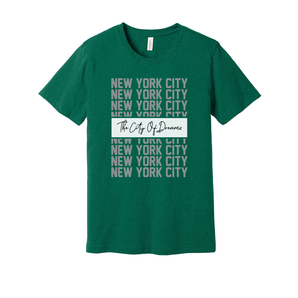 New York City Graphic Tee With Repeated NYC Text And The City Of Dreams Center Banner For Urban Unisex Style