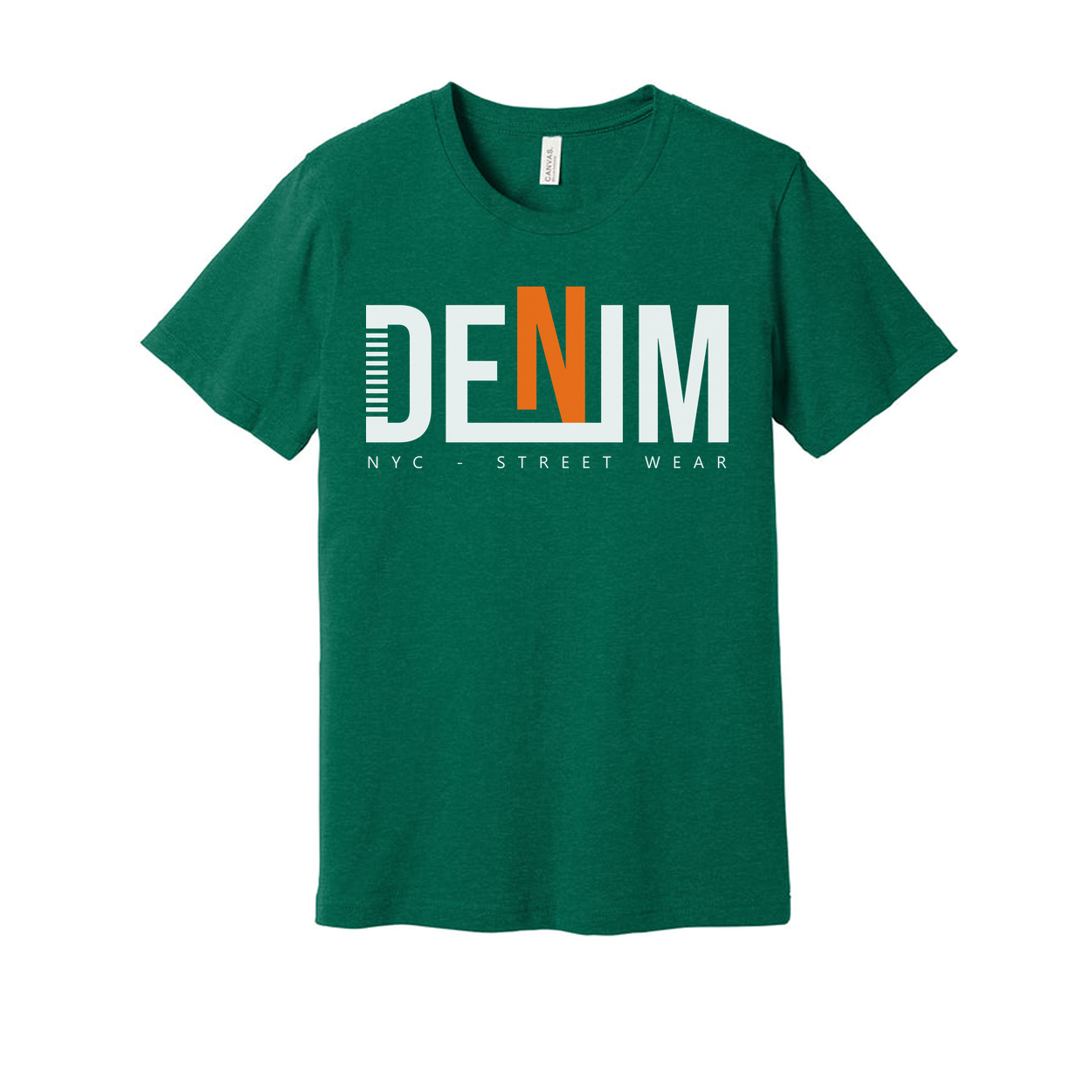 Denim Graphic T Shirt With Bold Orange N Logo NYC Streetwear Unisex Tee For Everyday Wear