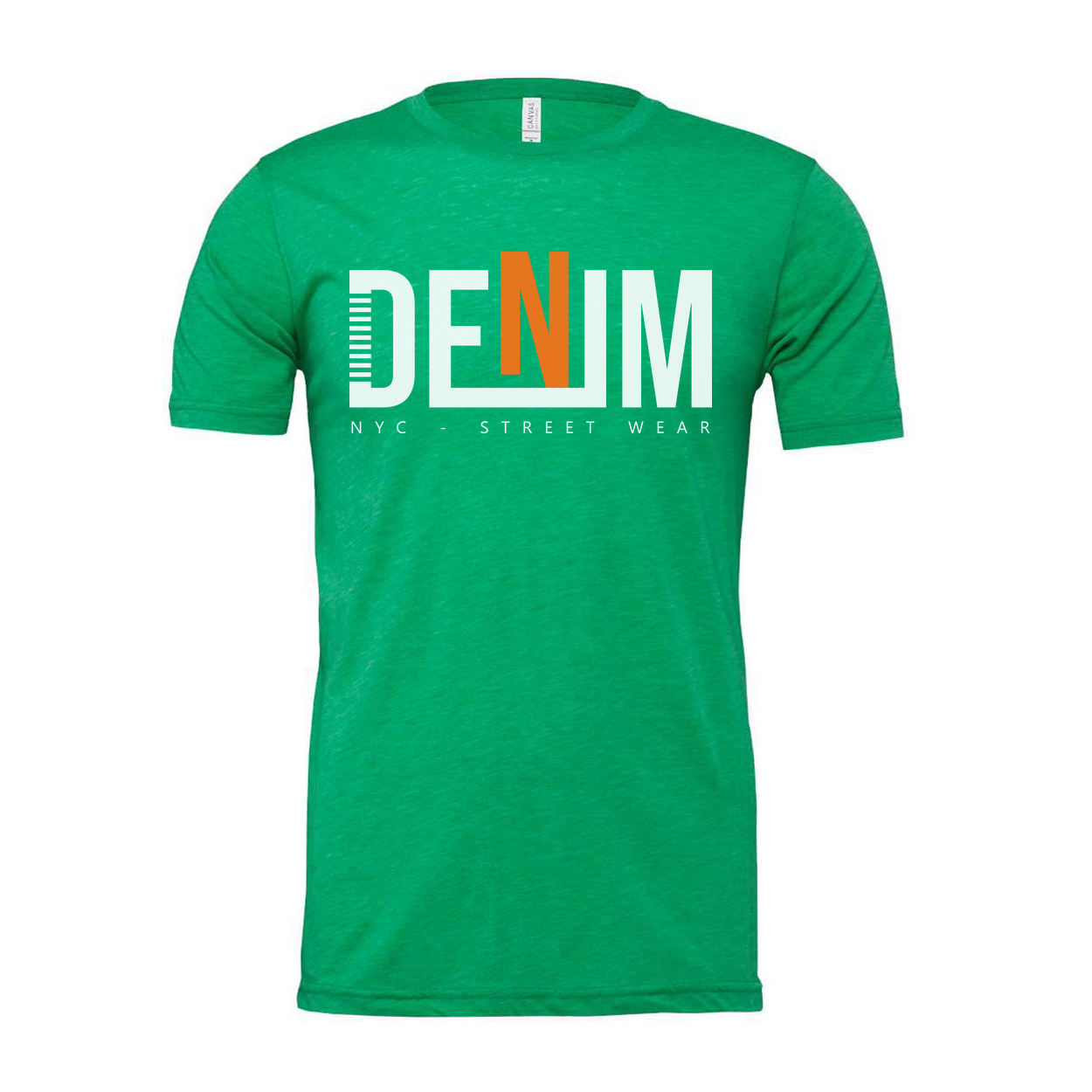 Denim Graphic T Shirt With Bold Orange N Logo NYC Streetwear Unisex Tee For Everyday Wear